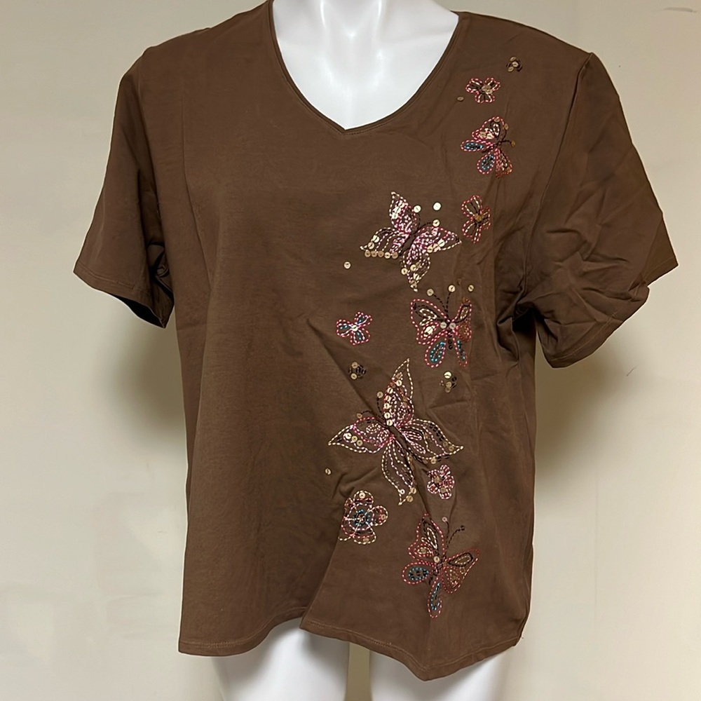 Susan Graver embroidered butterfly T-shirt NWT BROWN XL short sleeve QVC
